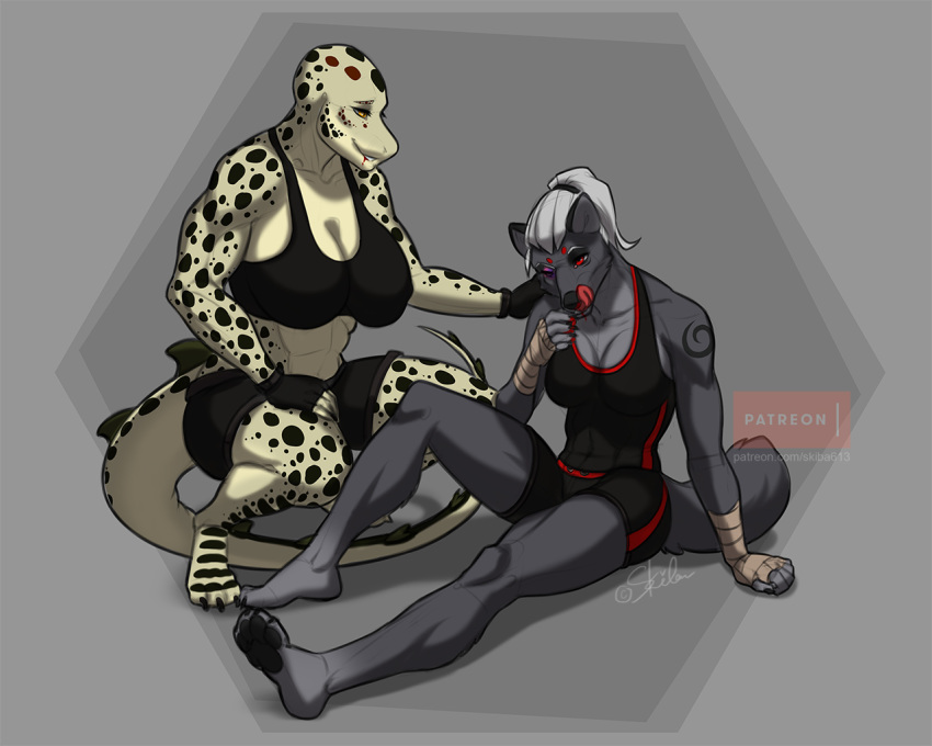 2019 4_toes 5:4 5_fingers anthro breasts canid canine canis clothed clothing digital_media_(artwork) duo eyebrows eyelashes female fingers hair lizard mammal nastywolf613 non-mammal_breasts reptile scalie simple_background sitting toes white_hair wolf
