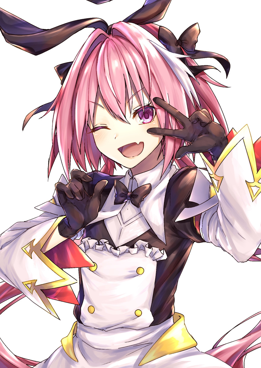 1boy astolfo_(fate) astolfo_(saber)_(fate) bangs black_bow black_dress black_neckwear black_ribbon blush bow bowtie buttons dress fang fate/grand_order fate_(series) guribato hair_between_eyes hair_bow hair_intakes hair_ribbon highres juliet_sleeves long_hair long_sleeves looking_at_viewer multicolored_hair one_eye_closed open_mouth otoko_no_ko pink_hair puffy_sleeves purple_eyes ribbon simple_background skirt smile solo streaked_hair twintails w white_background white_hair white_skirt wide_sleeves wing_collar