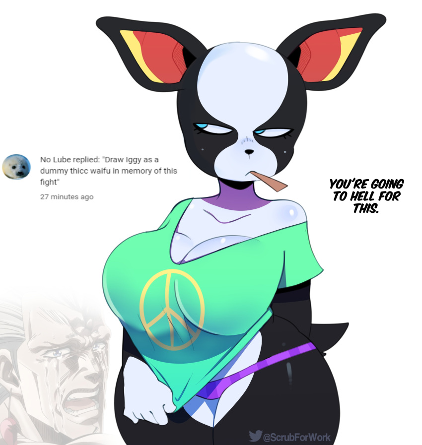 2019 absurd_res anthro anthrofied big_breasts black_body black_fur blue_eyes bodily_fluids boston_terrier breasts canid canine canis clothing crossgender crying curvy_figure domestic_dog english_text female fur grumpy hi_res hunting_dog iggy_(jjba) jean_pierre_polnareff jojo's_bizarre_adventure mammal molosser multicolored_body multicolored_fur panties short_stack simple_background small_molosser solo somescrub tears terrier text thick_thighs toy_dog underwear voluptuous white_background white_body white_fur wide_hips