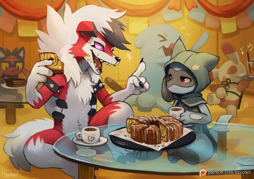 3_fingers 3_toes armband beverage cake clothing food glass_table haychel hoodie litten lycanroc midnight_lycanroc nintendo open_mouth pok&eacute;mon pok&eacute;mon_(species) riolu tea teeth toes video_games