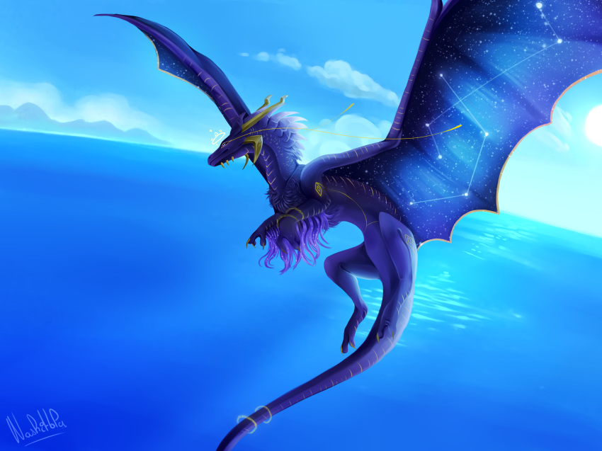 2018 claws cosmic_wings day detailed_background digital_media_(artwork) dragon feral horn membranous_wings nashiholy outside scalie sky solo spines western_dragon wings