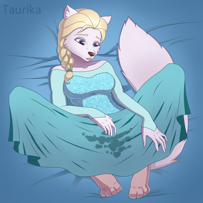 1:1 anthro arctic arctic_fox blonde_hair blue_eyes canid canine canis clothing digital_media_(artwork) disney dress elsa female fox frozen frozen_(movie) fur hair hi_res lying mammal shaded simple_background solo taurika taurika_(artist) white_body white_fur