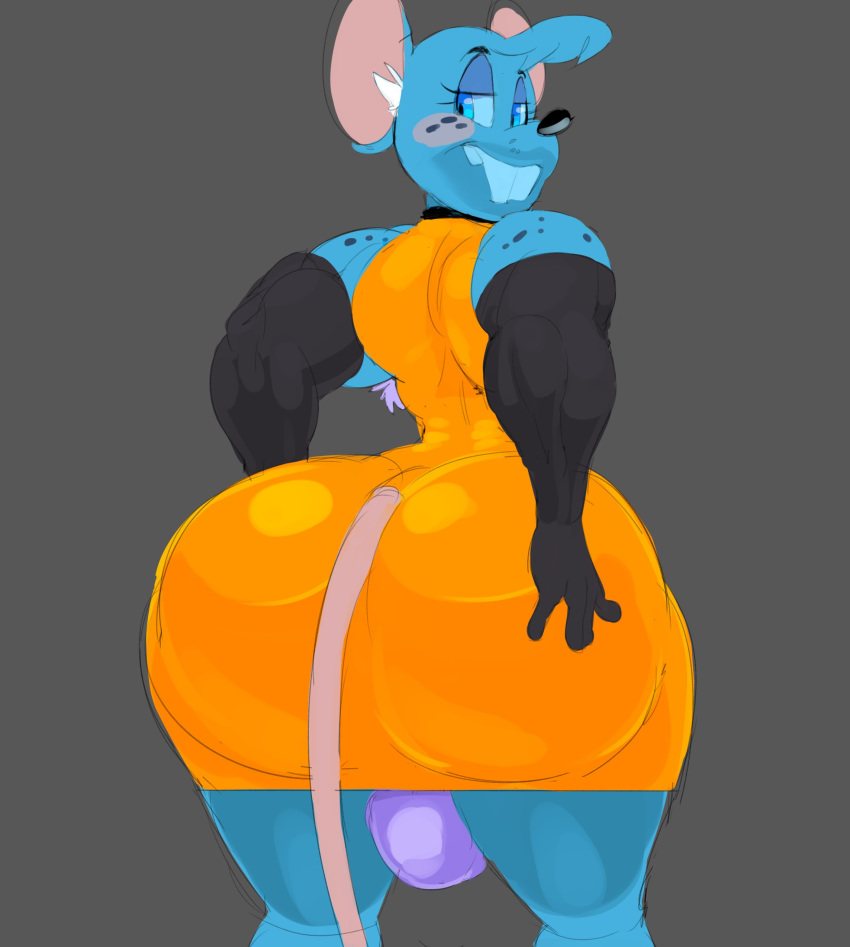 absurd_res anthro arm_warmers armwear balls big_butt big_teeth blue_eues blush butt clothed clothing crossdressing freckles girly grey_background hi_res looking_at_viewer looking_back male mammal mouse murid murine muscle_mouse rodent simple_background solo vimhomeless wide_hips