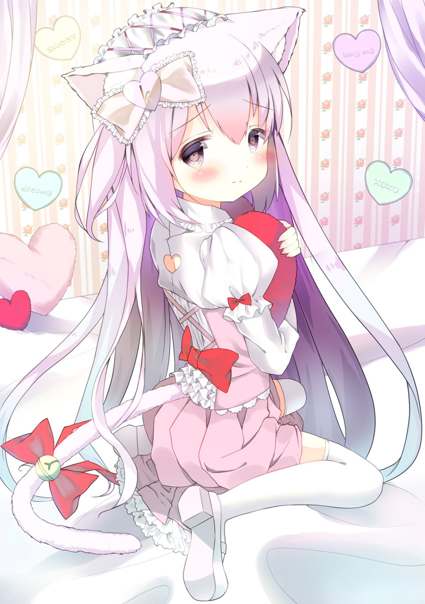 1girl alternate_costume animal_ear_fluff animal_ears azur_lane bangs bed bed_sheet bell blush bow canopy_bed cat_ears cat_tail closed_mouth commentary_request corset eyebrows_visible_through_hair fingernails frills from_behind hair_between_eyes hair_bow heart highres juliet_sleeves kisaragi_(azur_lane) long_fingernails long_hair long_sleeves looking_at_viewer mary_janes object_hug on_bed petticoat pink_bow pink_eyes pink_hair pink_skirt pleated_skirt puffy_sleeves red_bow ribbon shoes sidelocks sitting skirt tail tail_bell tail_ribbon thighhighs very_long_hair wallpaper_(object) wariza white_footwear white_legwear yuru_(xxyuruxx)