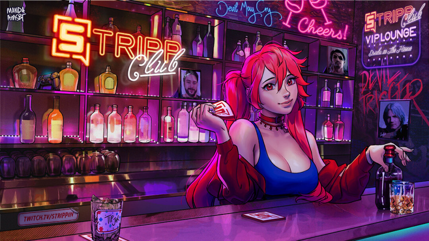 1girl alcohol bartender bottle breasts cameo choker cleavage collar commentary commission dante_(devil_may_cry) devil_may_cry_5 drink english_commentary glass head_tilt jacket lips long_hair looking_at_viewer manda_schank mascot medium_breasts money neon_lights nose off-shoulder_jacket red_eyes red_hair red_jacket solo strippin track_jacket twintails twitch.tv vrchat whiskey