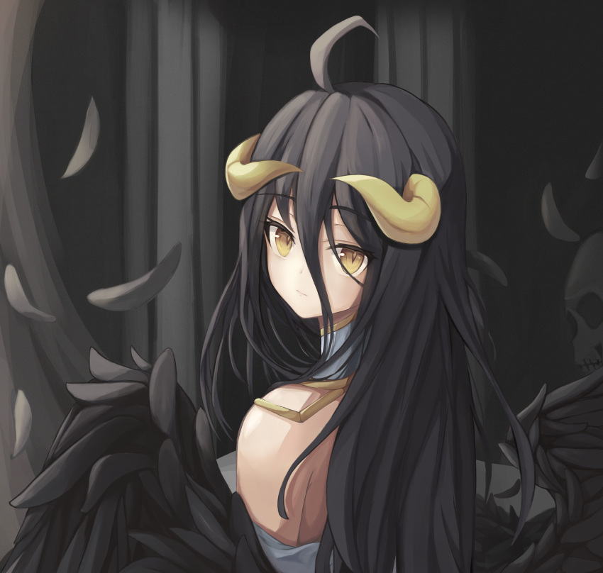 1girl absurdres ahoge albedo bangs bare_shoulders black_feathers black_hair black_wings breasts closed_mouth demon_girl demon_horns demon_wings detached_sleeves dress eyebrows_visible_through_hair feathered_wings hair_between_eyes highres horns long_hair looking_at_viewer low_wings overlord_(maruyama) randomcatbox slit_pupils white_dress wings yellow_eyes