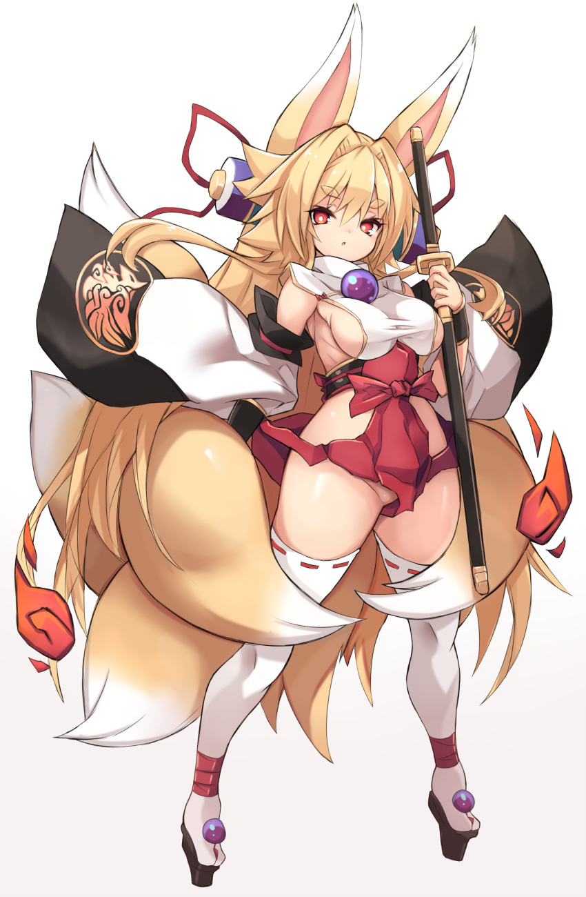 1girl :o animal_ears blonde_hair breasts commentary_request detached_sleeves eyebrows_visible_through_hair fox_ears fox_tail full_body gradient gradient_background highres holding holding_sword holding_weapon izuna_(shinrabanshou) karukan_(monjya) katana long_hair looking_at_viewer medium_breasts multiple_tails red_eyes shinrabanshou sideboob solo standing sword tail thick_eyebrows thighhighs weapon white_background white_legwear wide_sleeves