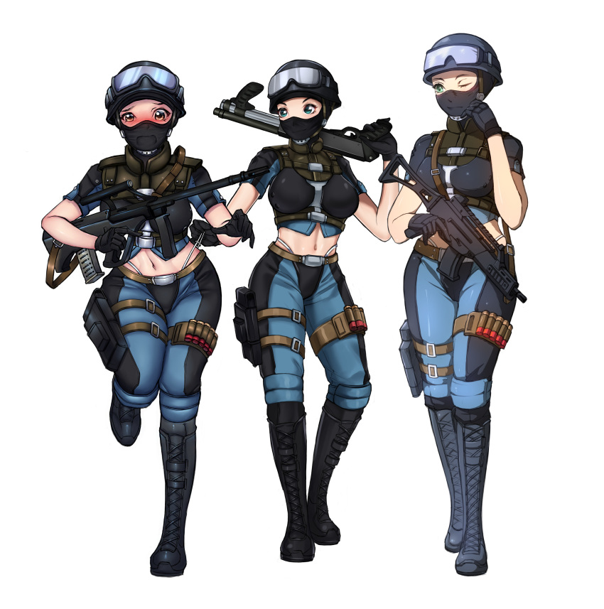 3girls absurdres blush boots bullet googles green_eyes gun helmet highres mask mask_(joshiraku) multiple_girls navel original rifle scope tiwa weapon