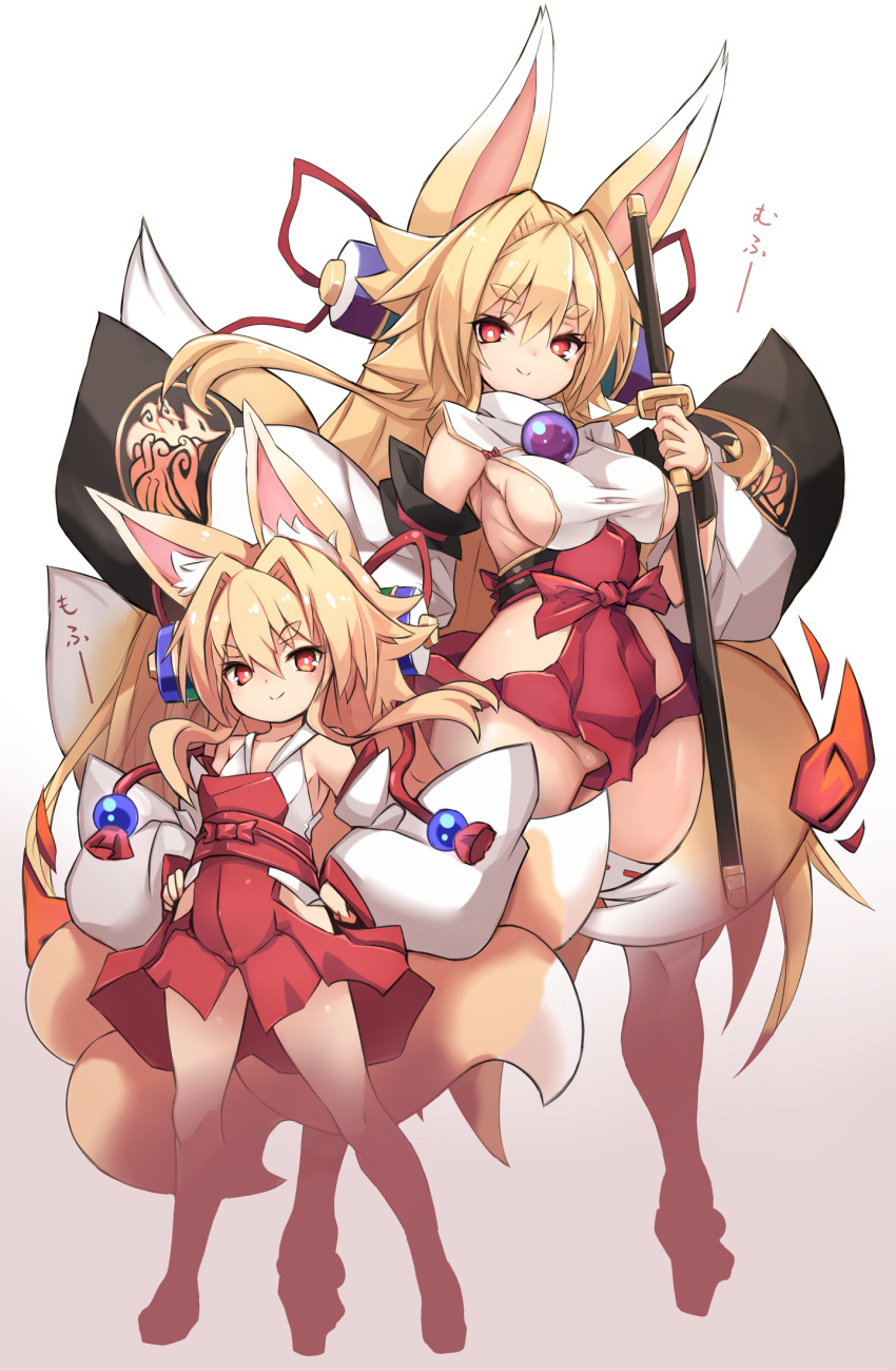 2girls animal_ears blonde_hair breasts closed_eyes detached_sleeves dual_persona eyebrows_visible_through_hair fox_ears fox_tail full_body hands_on_hips highres holding holding_sword holding_weapon izuna_(shinrabanshou) karukan_(monjya) katana long_hair looking_at_viewer medium_breasts multiple_girls multiple_tails red_eyes shinrabanshou sideboob simple_background smile standing sword tail thick_eyebrows thighhighs weapon white_background white_legwear wide_sleeves younger