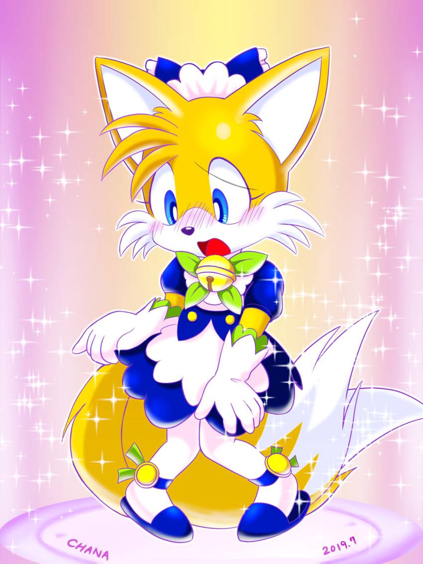 2019 5_fingers anthro bell biped blue_eyes canid canine chana clothed clothing crossgender embarrassed eyelashes female fingers footwear fox fur gloves handwear hi_res leaf maid_uniform mammal miles_prower open_mouth pigeon_toed shoes simple_background solo sonic_the_hedgehog_(series) sparkles uniform white_body white_fur yellow_body yellow_fur young
