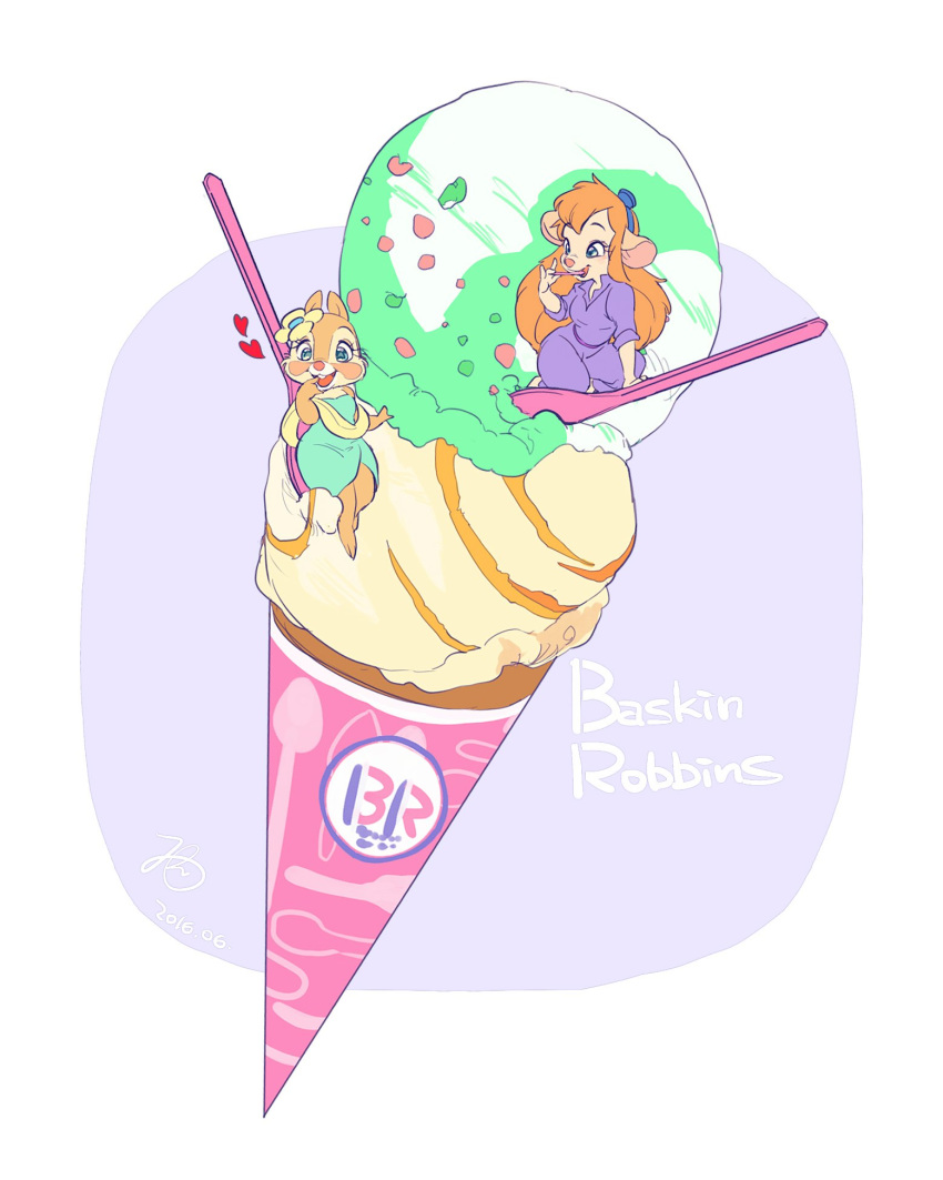 anthro baskin_robbins blonde_hair blue_eyes chip_'n_dale_rescue_rangers chipmunk clarice_(disney) clothed clothing cutlery dessert disney dress eyelashes female food fur gadget_hackwrench green_eyes ground_squirrel hair hi_res ice_cream ice_cream_cone kitchen_utensils long_hair mammal mouse murid murine open_mouth open_smile red_nose rodent sciurid simple_background smile spoon tan_body tan_fur tools