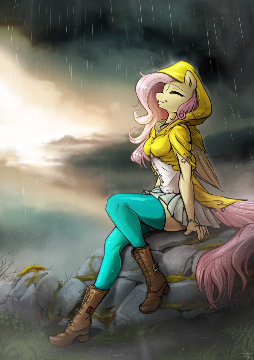 2018 absurd_res anthro boots bottomwear breasts clothed clothing coat detailed_background equid equine eyes_closed female fidzfox fluttershy_(mlp) footwear friendship_is_magic hair hi_res horse legwear long_hair mammal my_little_pony outside pink_hair raincoat raining rock sitting skirt solo stockings topwear wet