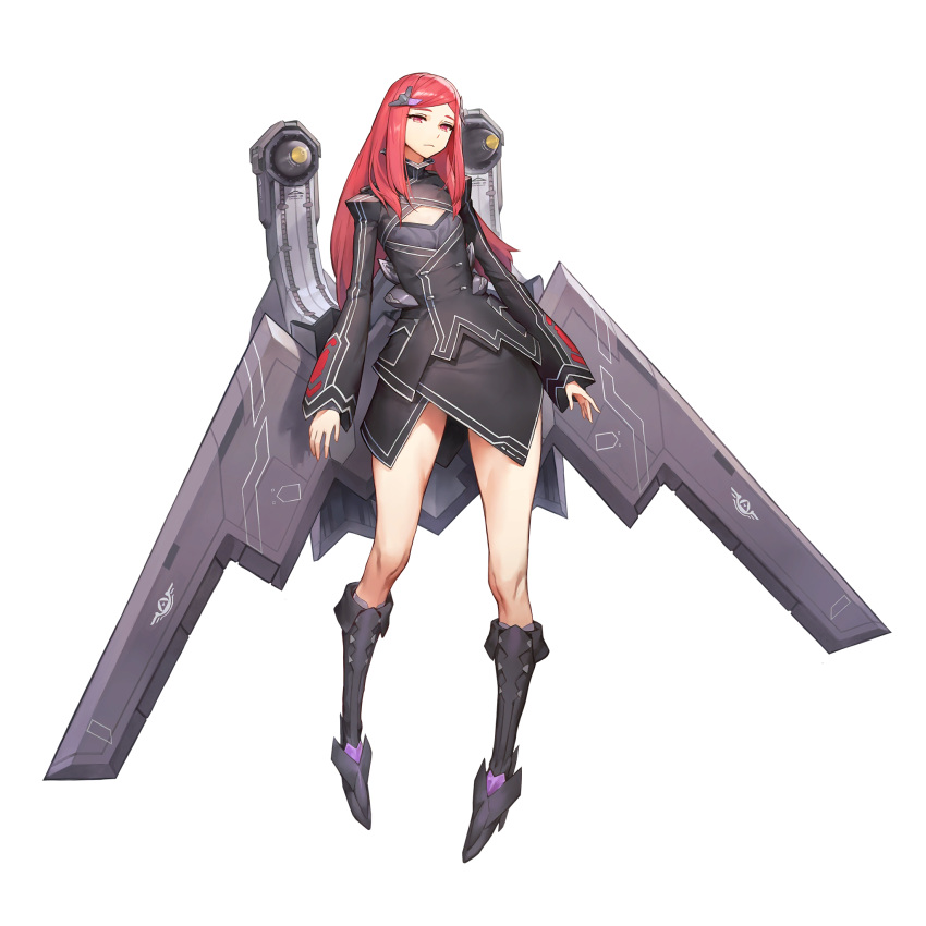 1girl b-11_night_angel bangs black_dress boots cleavage_cutout dress flat_chest full_body hair_ornament hairclip highres kakiman last_origin looking_at_viewer red_eyes red_hair simple_background solo tachi-e transparent_background wings