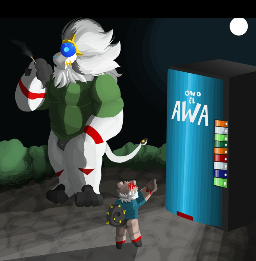 anthro gesture hi_res legendary_pok&eacute;mon mc_morrales moon muscular night nintendo owo pointing pok&eacute;mon pok&eacute;mon_(species) rockruff smoking soleo_the_solgaleo solgaleo vending_machine video_games