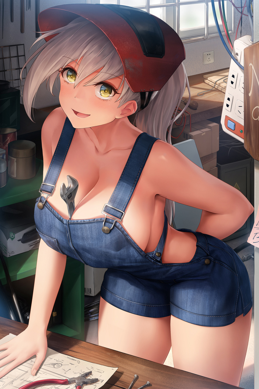 1girl :d arm_behind_back bangs bare_shoulders between_breasts blush box breasts cable cardboard_box cleavage collarbone day denim electric_socket eyebrows_visible_through_hair green_eyes highres indoors large_breasts leaning_forward looking_at_viewer mask mask_on_head naked_overalls obaoba_(monkeyix) open_mouth original overalls pliers ponytail screwdriver shelf silver_hair smile solo thighs welding_mask wooden_table wrench