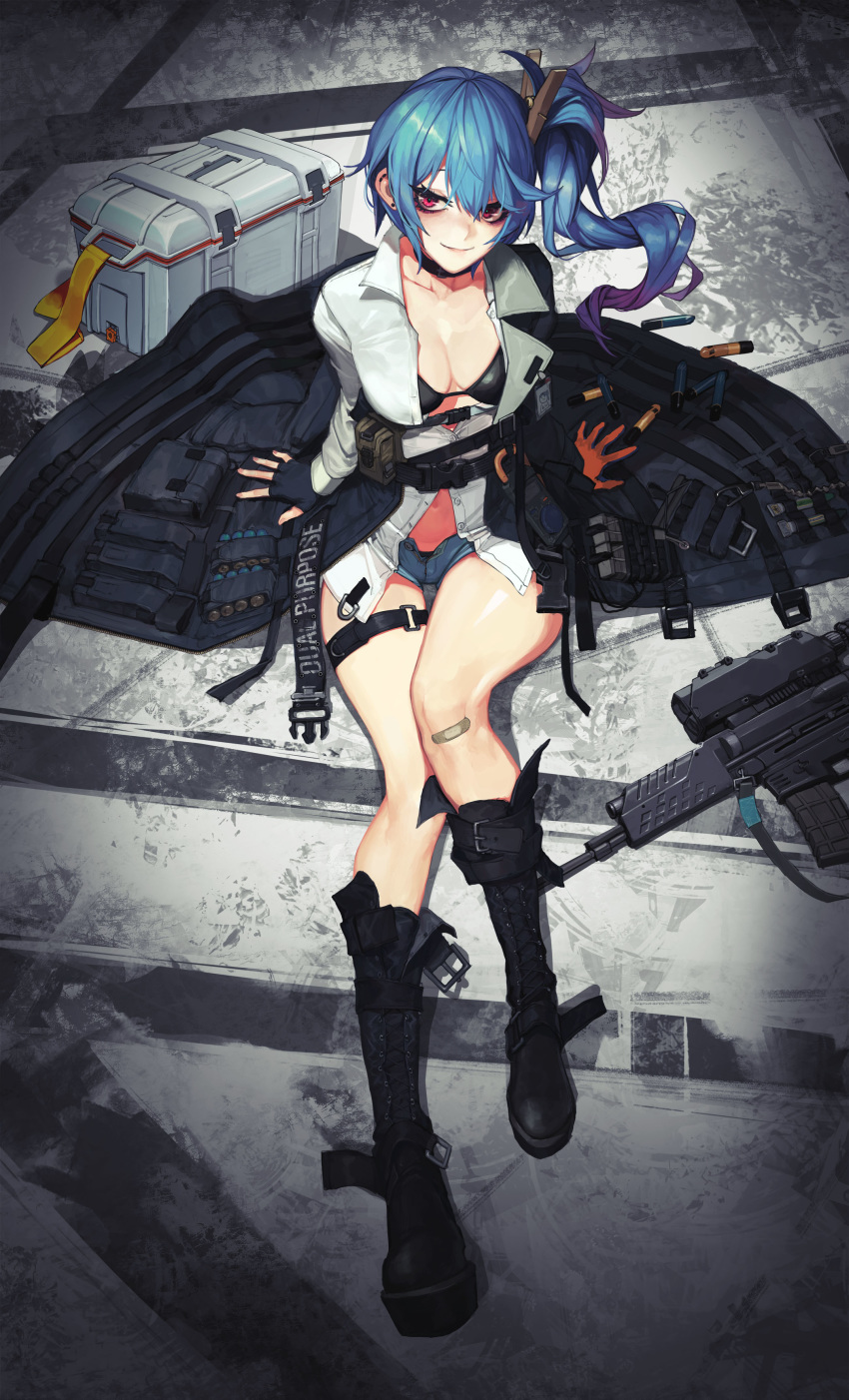 1girl absurdres bangs bikini black_bikini black_footwear blue_hair blush breasts collarbone commentary da_(dsasd751) from_above girls_frontline gun hair_between_eyes hair_ornament highres k11_(girls_frontline) leather_choker long_hair looking_at_viewer messy_hair on_ground open_clothes purple_eyes shirt shorts side_ponytail sidelocks sitting smile solo swimsuit weapon white_shirt