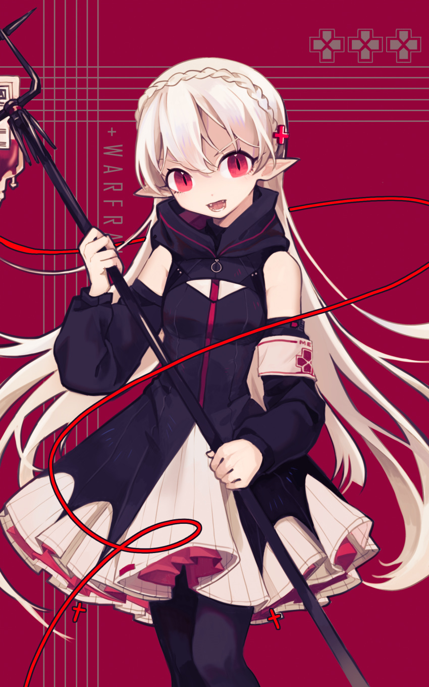 5_fingers absurd_res arknights braided_hair breasts fangs female fingers hair hi_res holding_object humanoid humanoid_pointy_ears long_hair open_mouth portrait red_eyes rye-beer slit_pupils solo staff standing three-quarter_portrait vampire video_games warfarin_(arknights) white_hair