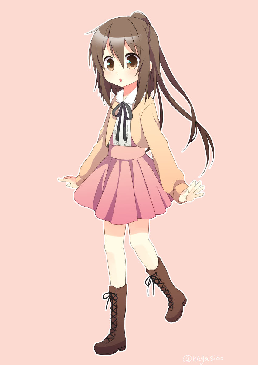 1girl absurdres alternate_costume artist_name boots brown_eyes brown_footwear brown_hair casual cross-laced_footwear eyebrows_visible_through_hair full_body fumizuki_(kantai_collection) highres kantai_collection lace-up_boots long_hair long_sleeves looking_at_viewer nagasioo parted_lips pink_skirt ponytail skirt solo twitter_username