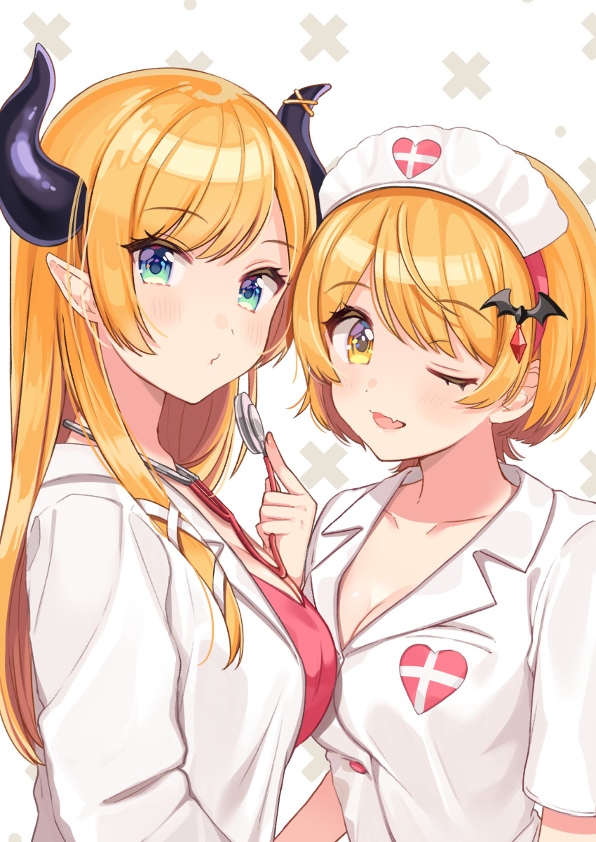 2girls absurdres bangs bat_hair_ornament blonde_hair blue_hair blush breasts demon_horns eyebrows_visible_through_hair fangs hair_ornament hair_ribbon hat highres hololive horns large_breasts long_sleeves medium_breasts multiple_girls nurse nurse_cap one_eye_closed open_mouth pointy_ears pout ribbon shigure_ui swept_bangs upper_body yozora_mel yuzuki_choco