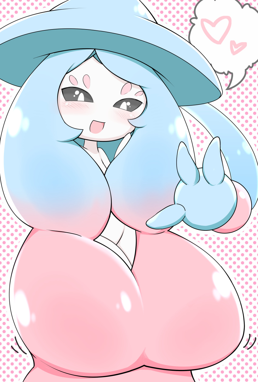 1girl :d absurdres aqua_hair black_sclera blush breasts cleavage gradient_hair hair_over_breasts hat hatterene highres huge_breasts long_hair multicolored_hair no_humans open_mouth pink_hair pokemon pokemon_(game) pokemon_swsh polka_dot polka_dot_background smile solo thought_bubble two-tone_hair very_long_hair white_eyes white_skin witch_hat