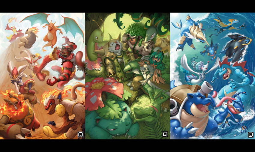 beak beard blastoise blaziken charizard chesnaught cinderace claws cliff commentary decidueye delphox emboar empoleon facial_hair fangs feraligatr fins fire flying_kick gen_1_pokemon gen_2_pokemon gen_3_pokemon gen_4_pokemon gen_5_pokemon gen_6_pokemon gen_7_pokemon gen_8_pokemon grass greninja highres horns incineroar infernape inteleon kicking kuroi-tsuki leaf letterboxed looking_at_viewer meganium no_humans pokemon pokemon_(creature) primarina revision rillaboom samurott sceptile serperior shade snout surf_(pokemon) swampert swimming tail_fin torterra tree tree_shade typhlosion venusaur wand water waving wings