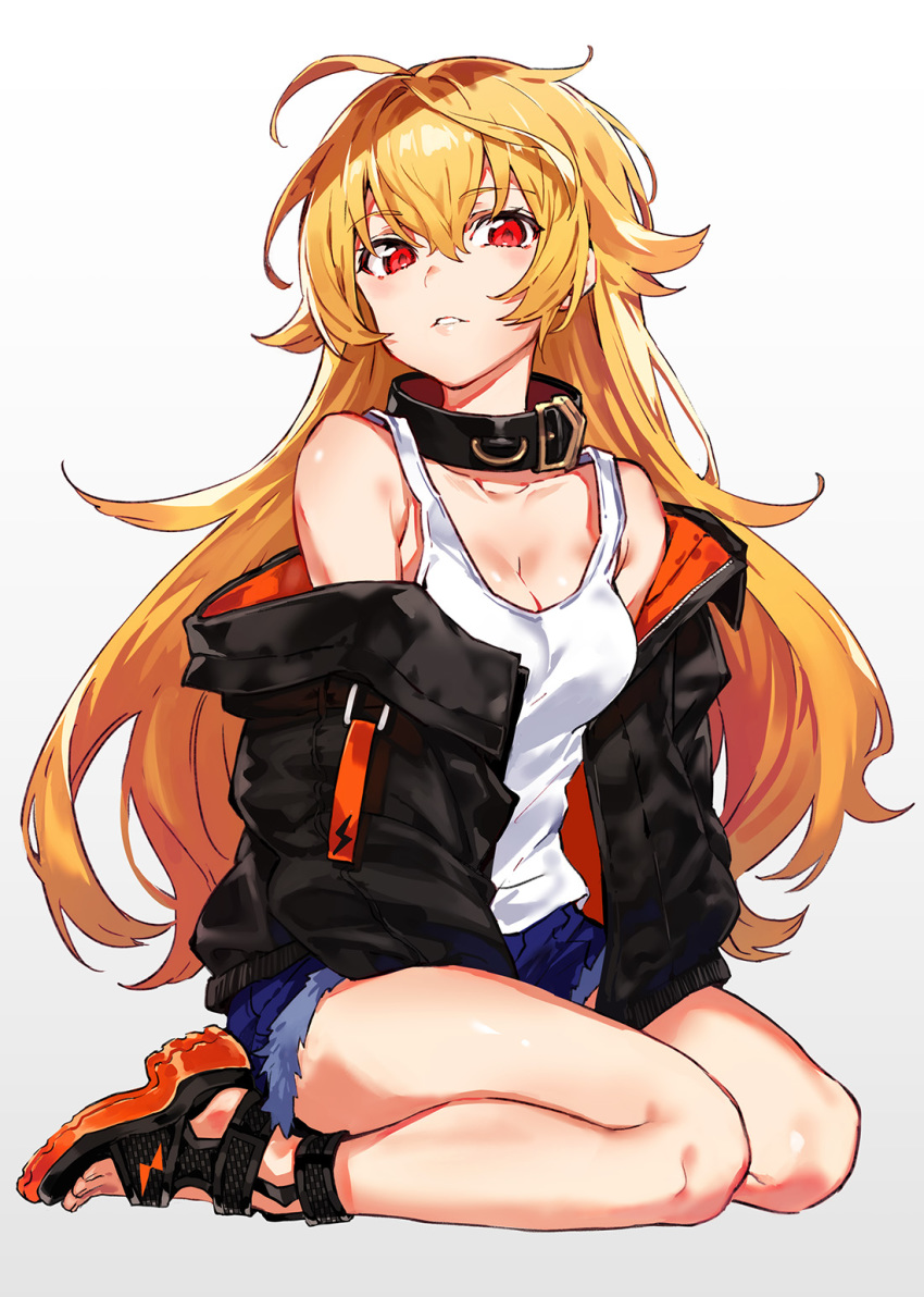 1girl ahoge arisaka_ako bare_shoulders bestia black_jacket breasts cleavage collar collarbone cutoffs denim denim_shorts highres jacket long_hair long_sleeves looking_at_viewer medium_breasts off_shoulder orange_hair parted_lips red_eyes sandals shirt short_shorts shorts simple_background sleeveless sleeveless_shirt solo thighs white_background white_shirt