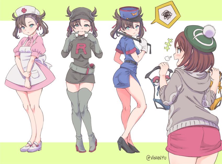 2girls apron bikini brown_hair dress elbow_gloves female_protagonist_(pokemon_swsh) gloves green_eyes hat horns jpeg_artifacts mary_(pokemon) nurse pokemon police_uniform signed skirt swimsuit thighhighs twintails vinhnyu weapon