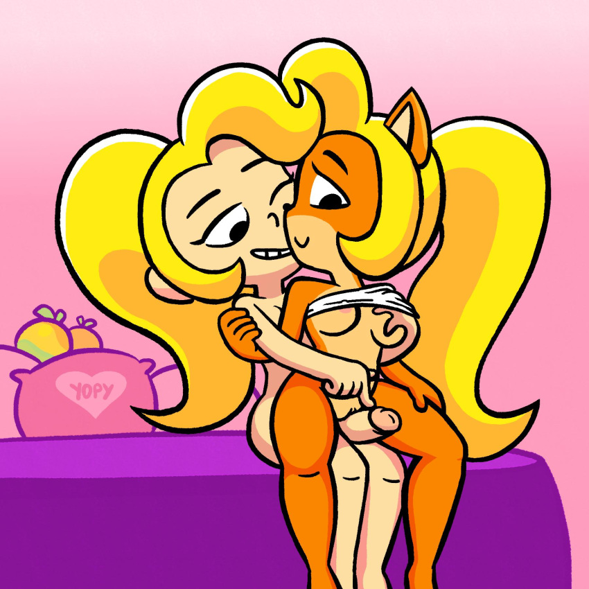 &lt;3 1:1 2019 activision alternate_species anthro bandicoot bed blonde_hair breast_grab breasts coco_bandicoot crash_bandicoot_(series) duo erection female food fruit furniture gynomorph gynomorph/female hair hand_on_breast hi_res human human_on_anthro humanized imminent_sex intersex intersex/female interspecies long_ears mammal marsupial naughty_face penis pillow plant ponytail pussy selfcest signature sitting smile square_crossover video_games yopy