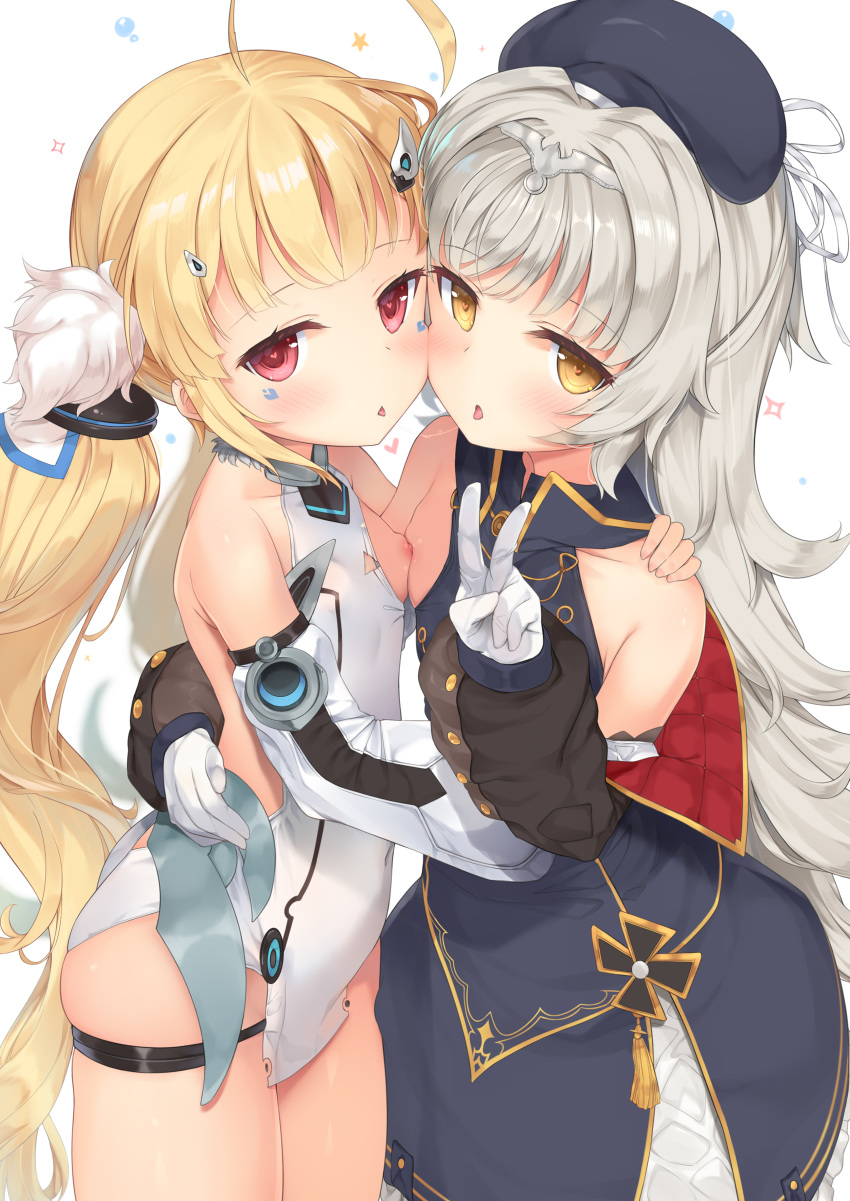 2girls absurdres ahoge ass azur_lane bangs bare_shoulders beret blonde_hair blue_dress blue_headwear blush breast_press breasts brown_eyes cheek-to-cheek collarbone detached_sleeves dress eldridge_(azur_lane) eyebrows_visible_through_hair facial_mark fanbox_reward fingernails fujieda_uzuki gloves hair_ornament hairclip hand_on_another's_shoulder hat headpiece highres iron_cross long_hair long_sleeves looking_at_viewer low_twintails multiple_girls nail_polish nipples open_mouth paid_reward pink_nails puffy_long_sleeves puffy_sleeves red_eyes ribbon saliva sidelocks silver_hair simple_background sleeveless sleeveless_dress symmetrical_docking tongue tongue_out twintails v very_long_hair white_background white_dress white_gloves white_ribbon z46_(azur_lane)