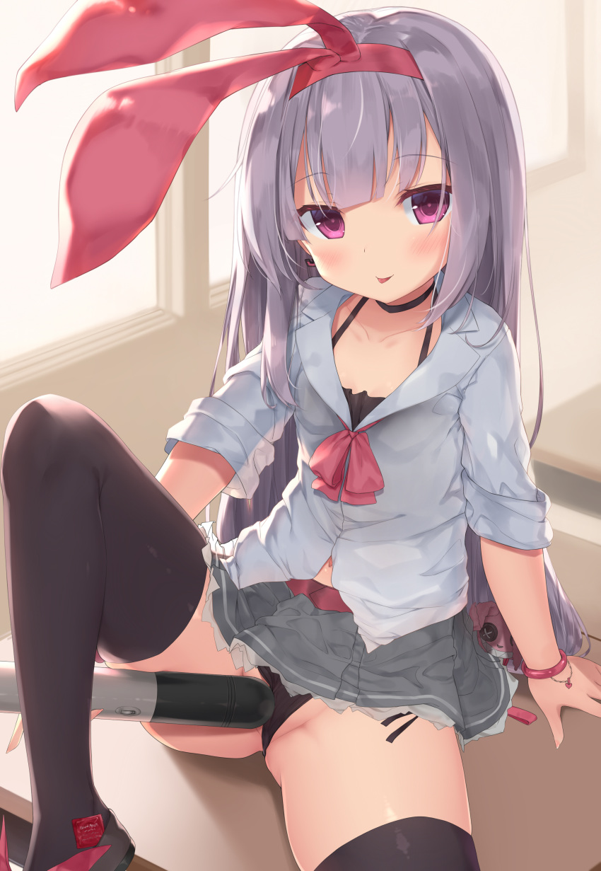 1girl :p absurdres arm_support azur_lane black_choker black_legwear black_panties blush bow brown_footwear choker collarbone collared_shirt condom_wrapper desk earrings fanbox_reward fujieda_uzuki grey_hair grey_shirt grey_skirt hair_ribbon hairband highres hobby_(azur_lane) indoors jewelry knee_up loafers long_hair looking_at_viewer navel on_desk paid_reward panties partially_visible_vulva pleated_skirt purple_eyes red_bow red_hairband red_ribbon ribbon school_desk sexually_suggestive shirt shoes short_sleeves side-tie_panties sitting skirt sleeves_folded_up solo thighhighs tongue tongue_out torpedo underwear very_long_hair window