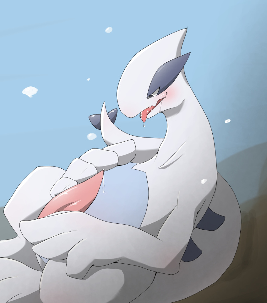 2018 big_penis blush bodily_fluids drooling erection genital_fluids hi_res kemononoko legendary_pok&eacute;mon lugia male nintendo penis pok&eacute;mon pok&eacute;mon_(species) precum saliva side_view simple_background solo tapering_penis tongue tongue_out video_games