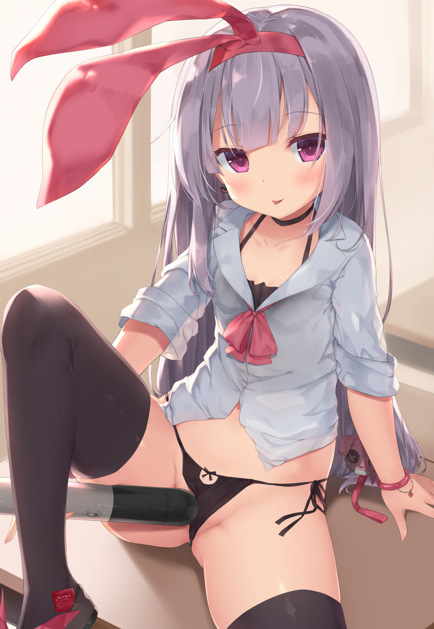 1girl :p absurdres arm_support azur_lane black_bow black_choker black_legwear black_panties blush bow bow_panties brown_footwear choker collarbone collared_shirt condom_wrapper desk earrings fanbox_reward fujieda_uzuki grey_hair grey_shirt hair_ribbon hairband highres hobby_(azur_lane) indoors jewelry knee_up loafers long_hair looking_at_viewer navel on_desk paid_reward panties partially_visible_vulva purple_eyes red_bow red_hairband red_ribbon ribbon school_desk sexually_suggestive shirt shoes short_sleeves side-tie_panties sitting skindentation sleeves_folded_up solo thighhighs tongue tongue_out torpedo underwear very_long_hair window