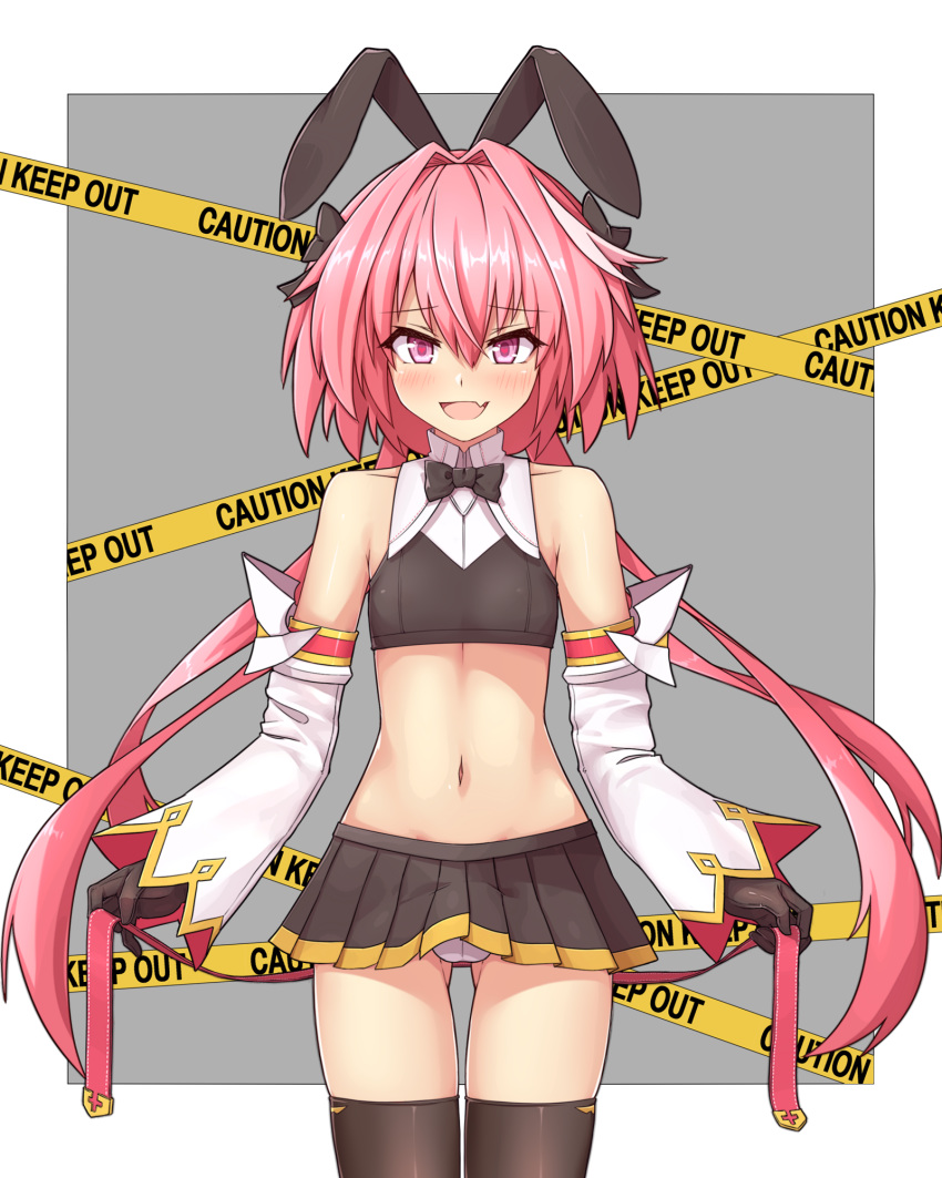 1boy astolfo_(fate) astolfo_(saber)_(fate) bangs bare_shoulders black_bow black_gloves black_legwear blush bow caution_tape commentary_request detached_sleeves erection erection_under_clothes eyebrows_visible_through_hair fang fate/grand_order fate_(series) gloves grey_background hair_bow hair_ornament highres kaiyi long_hair looking_at_viewer male_focus navel otoko_no_ko panties pink_eyes pink_hair simple_background skin_fnag skirt smile solo thighhighs twintails underwear white_panties