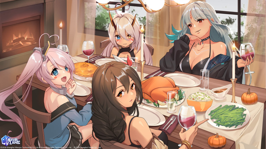 4girls ahoge alcohol azur_lane bikini_top black_bikini_top black_jacket blue_eyes body_markings bodypaint braid breasts cup dark_skin drinking_glass facial_mark feather_hair_ornament food forehead_mark fork gravy gravy_boat green_bean hair_between_eyes heart heart-shaped_pupils heart_ahoge heterochromia highres indianapolis_(azur_lane) jacket large_breasts lavender_hair massachusetts_(azur_lane) multiple_girls native_american official_art open_mouth partially_unzipped pie plate portland_(azur_lane) purple_hair side_ponytail smile south_dakota_(azur_lane) swimsuit swimsuit_under_clothes symbol-shaped_pupils thanksgiving tri_braids turkey turkey_(food) unzipped wine wine_glass yume_ou