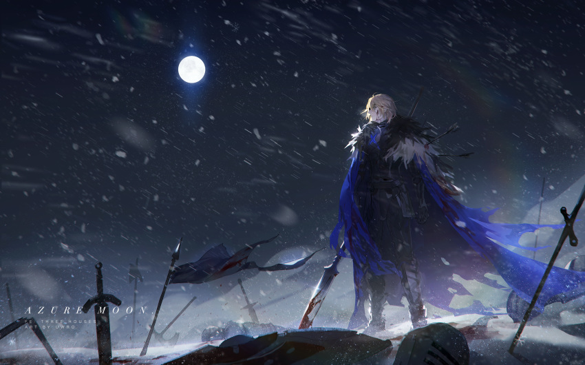 1boy armor artist_name battlefield blonde_hair blood blood_on_face bloody_weapon blue_cape blue_eyes cape copyright_name corpse dimitri_alexandre_blaiddyd fire_emblem fire_emblem:_three_houses full_moon fur_trim highres legs_apart looking_away moon night night_sky outdoors planted_sword planted_weapon polearm profile scenery sky snow snowing solo spear standing sword torn_cape torn_clothes uwro weapon wind