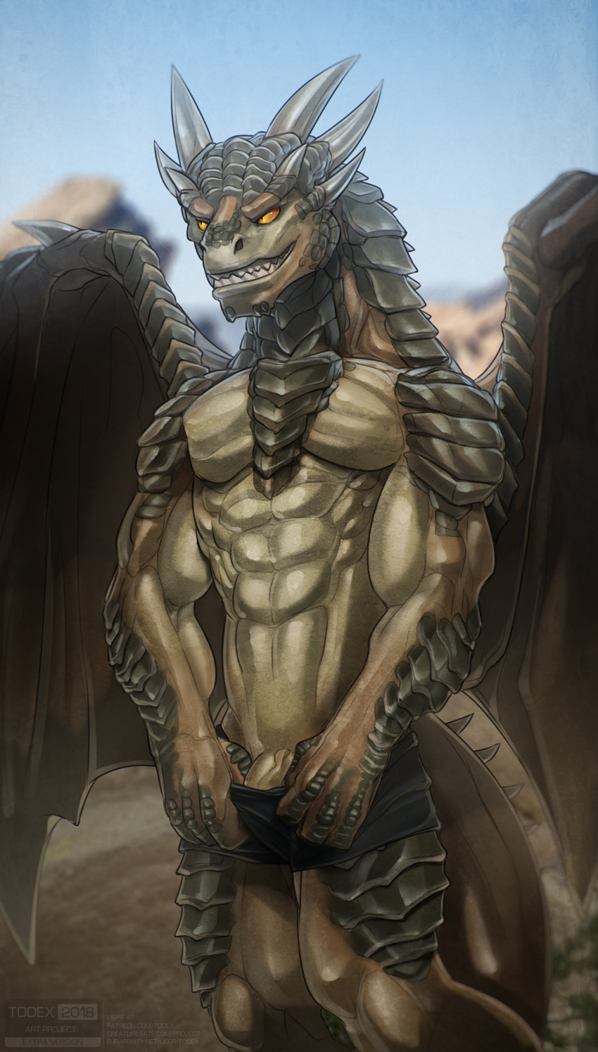 2018 absurd_res anthro big_penis draco_(dragonheart) dragon dragonheart hi_res horn humanoid_penis male penis scales scalie sharp_teeth solo teeth todex universal_studios vein veiny_penis western_dragon wings