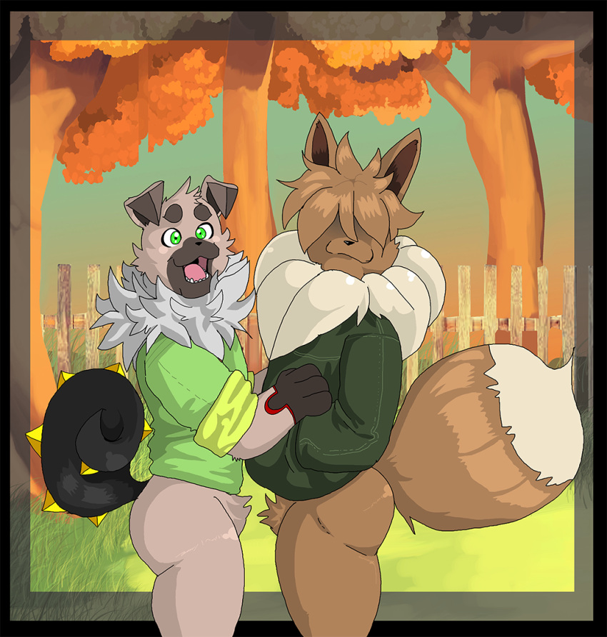 anthro autumn eevee fence mc_morrales nintendo open_mouth overcomb pok&eacute;mon pok&eacute;mon_(species) rockruff video_games