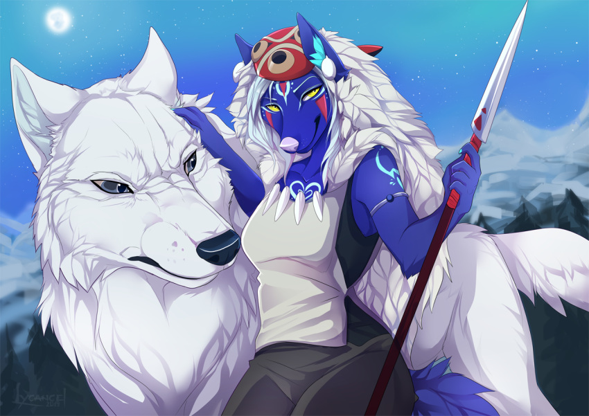 2019 5_fingers anthro blue_eyes braided_hair canid canine canis clothed clothing detailed_background digital_media_(artwork) female feral fingers fur ghibli hair lycangel mammal moon night outside princess_mononoke sky smile star starry_sky white_body white_fur white_hair wolf yellow_eyes