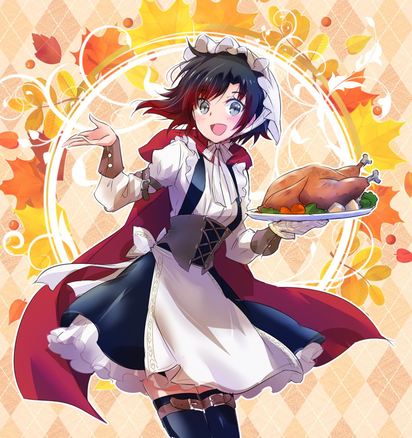 apron argyle argyle_background belt black_dress black_hair black_legwear blouse bodice bow cape cloak corset dress food gradient_hair highres holding holding_plate hood hooded_cloak iesupa multicolored_hair multiple_belts plate red_cape red_hair ribbon ruby_rose rwby short_hair thanksgiving thighhighs traditional_clothes turkey_(food) two-tone_hair