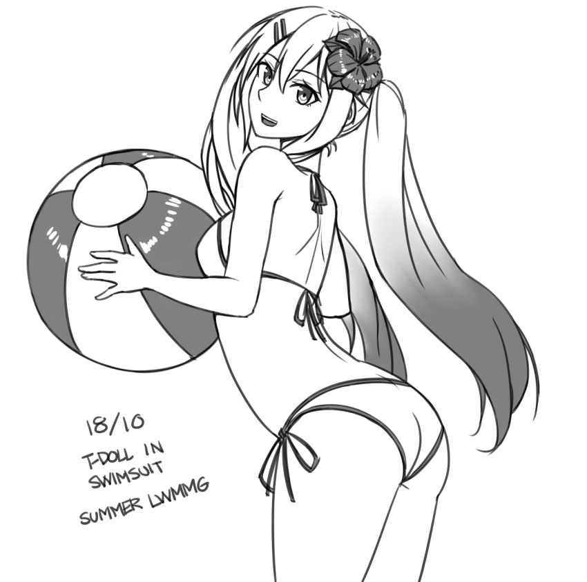 1girl :d arched_back ass ball bangs bare_arms bare_shoulders beachball bikini breasts character_name eyebrows_visible_through_hair flower girls_frontline gradient_hair greyscale hair_between_eyes hair_flower hair_ornament hairclip highres holding holding_ball leaning_forward long_hair looking_at_viewer looking_to_the_side lwmmg_(girls_frontline) monochrome multicolored_hair ndtwofives open_mouth side-tie_bikini simple_background small_breasts smile solo swimsuit twintails upper_teeth very_long_hair white_background