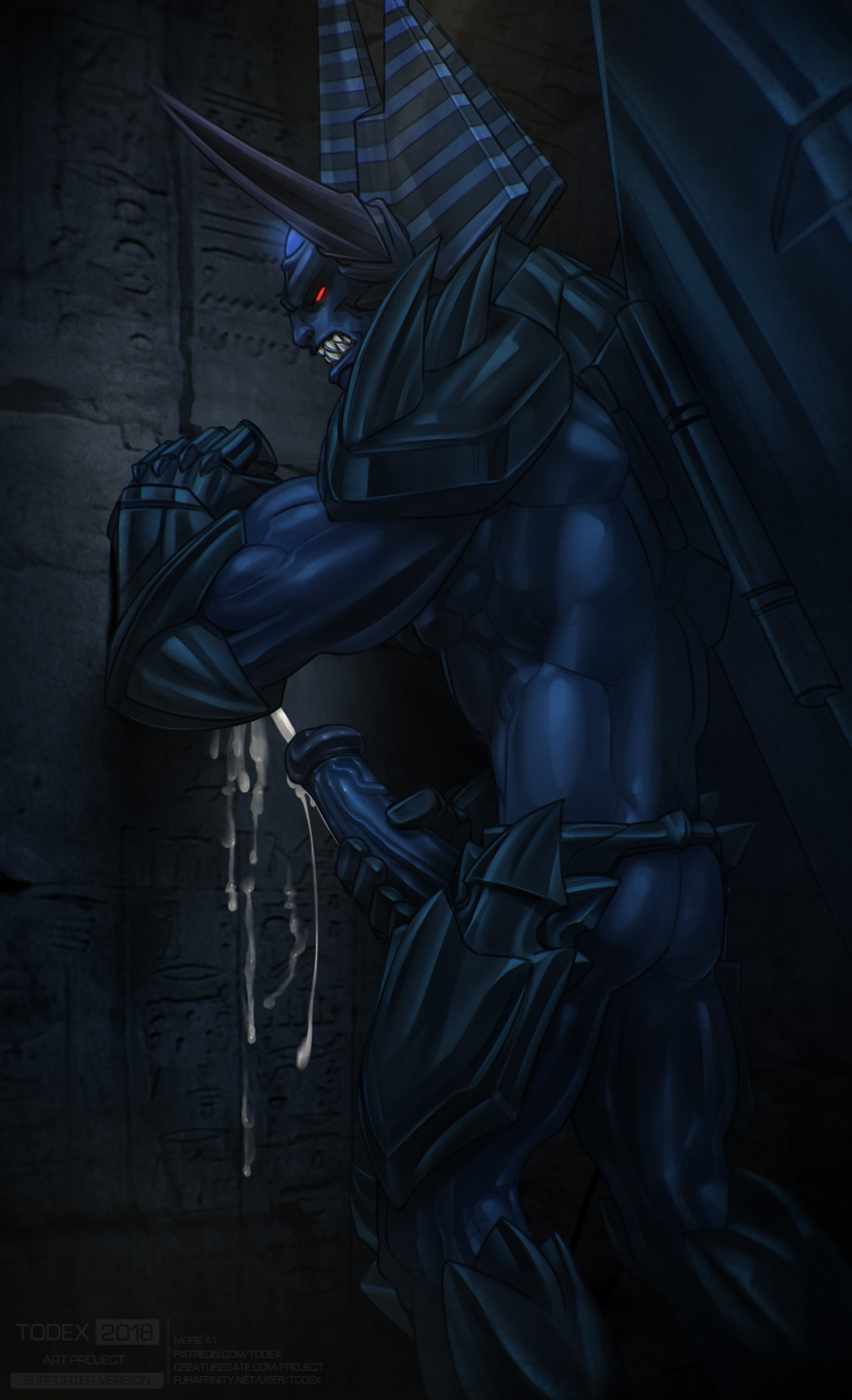 absurd_res armor big_penis bodily_fluids butt clothing cum cum_on_wall erection fangs gauntlets genital_fluids gloves glowing glowing_eyes handwear hi_res hieroglyphics horn humanoid humanoid_penis konami looking_pleasured male masturbation monster not_furry obelisk_the_tormentor orgasm penile penile_masturbation penis sharp_teeth solo teeth todex yu-gi-oh