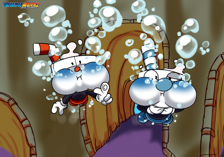 asphyxiation bubble cuphead_(character) cuphead_(game) drowning duo edit hi_res holding_breath ichduhernz invalid_color male mugman puffed_cheeks swimming underwater video_games water