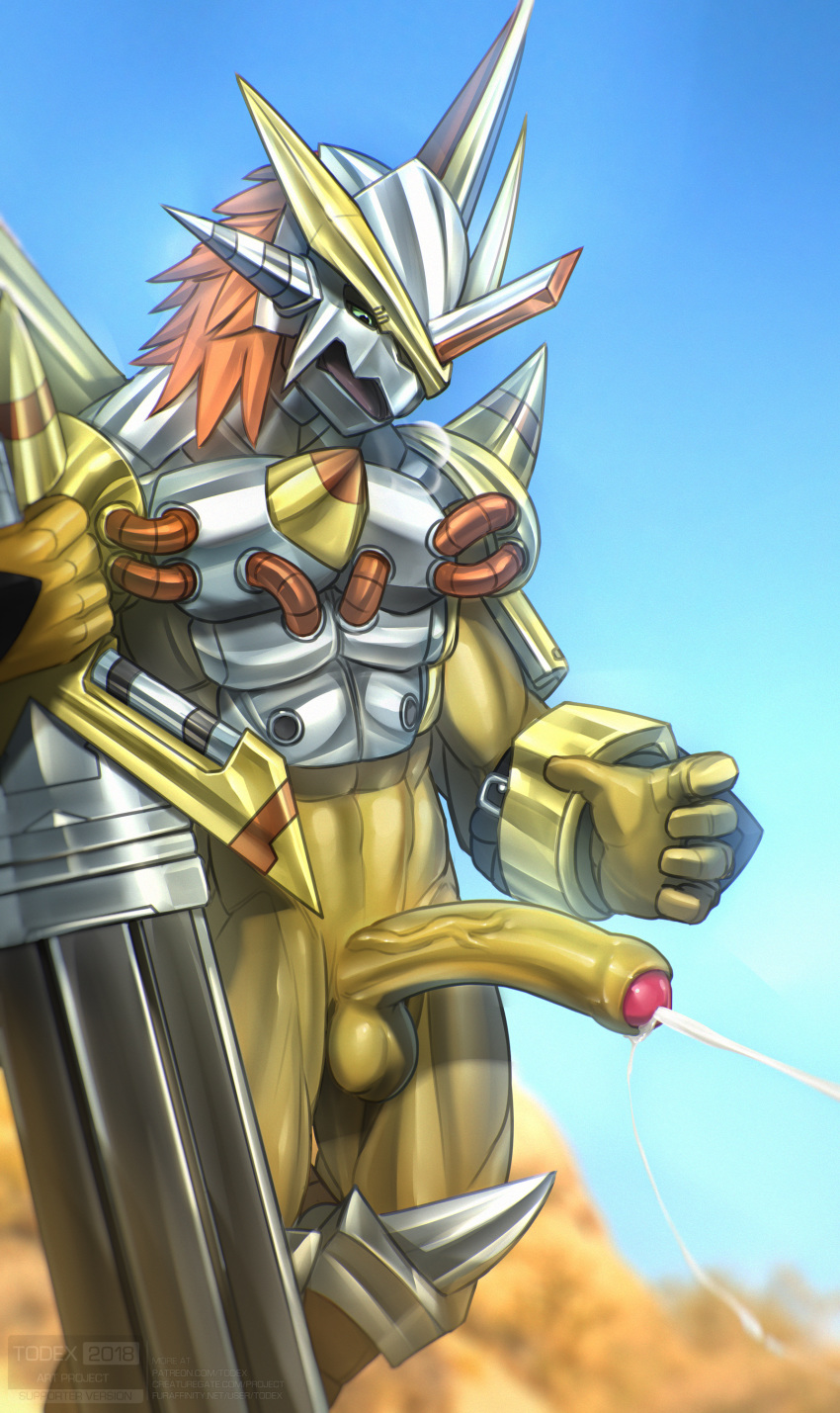 absurd_res armor balls bodily_fluids breath cum digimon digimon_(species) erection genital_fluids green_eyes hair headgear helmet hi_res humanoid_penis looking_at_penis male melee_weapon open_mouth orange_hair orgasm penis solo sword todex uncut vein veiny_penis victorygreymon weapon