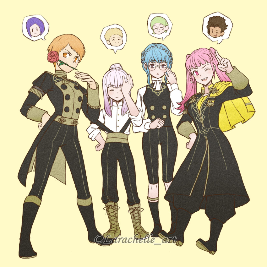 4girls alternate_hairstyle bespectacled blue_hair braid brown_eyes cape claude_von_riegan claude_von_riegan_(cosplay) closed_eyes closed_mouth cosplay crown_braid epaulettes fire_emblem fire_emblem:_three_houses flower garreg_mach_monastery_uniform glasses gradient gradient_background highres hilda_valentine_goneril ignatz_victor ignatz_victor_(cosplay) larachelle leonie_pinelli long_hair long_sleeves lorenz_hellman_gloucester lorenz_hellman_gloucester_(cosplay) lysithea_von_ordelia marianne_von_edmund multiple_girls one_eye_closed open_mouth orange_eyes orange_hair pants parted_lips pink_eyes pink_hair ponytail raphael_kirsten raphael_kirsten_(cosplay) rose short_hair simple_background twintails twitter_username uniform white_hair yellow_cape