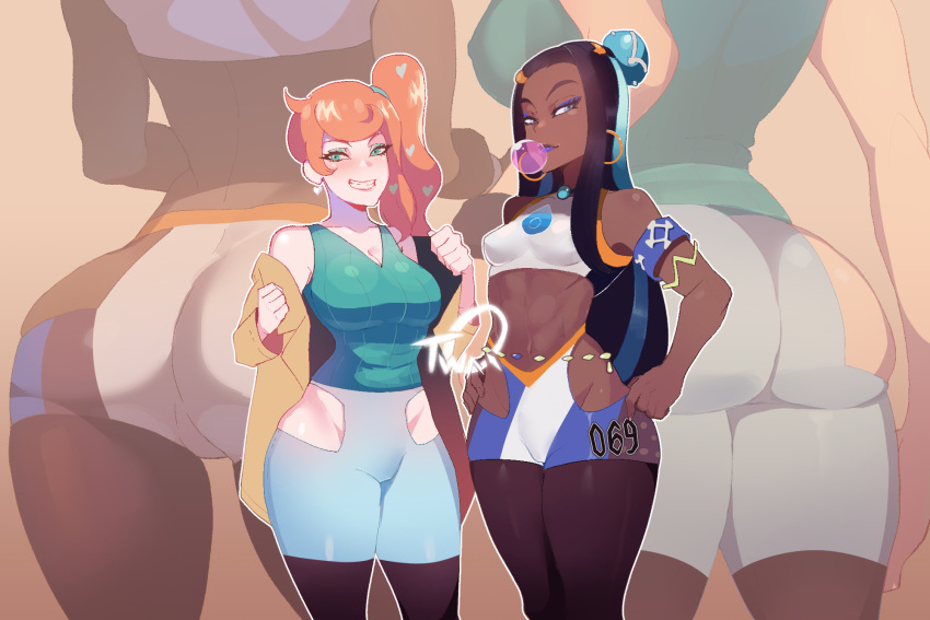 2girls abs adjusting_clothes aqua_hair armband armlet ass ass_focus black_hair black_legwear blue_eyes blue_eyeshadow blue_lipstick bracelet breasts bubble_blowing chewing_gum cleavage close-up covered_nipples dark_skin earrings green_eyes grin gym_leader hair_ornament heart heart_earrings heart_hair_ornament highres hip_vent hoop_earrings jacket jewelry large_breasts lipstick long_hair makeup meme_attire multicolored_hair multiple_girls multiple_views nyantcha off-shoulder_jacket open_clothes open_jacket orange_hair pants pantyhose pinup pokemon pokemon_(game) pokemon_swsh projected_inset ribbed_sweater rurina_(pokemon) shorts side_ponytail sleeveless small_breasts smile sonia_(pokemon) streaked_hair sweater swimsuit tankini thick_thighs thighs tight tight_pants toned two-tone_hair