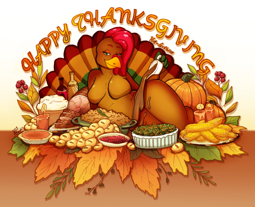 anthro autumn avian beak big_breasts big_girl bird breasts corn detailed_background digital_media_(artwork) fall_(disambiguation) feast feathers female food fruit galliform hair ham happy_thanksgiving hi_res holidays honey_ham hot-gothics huge_breasts leaf looking_at_viewer mashed_potatoes meat non-mammal_breasts nude overweight phasianid pinup plant pork pose pumpkin pumpkin_pie slightly_chubby smile solo thanksgiving thick_thighs turkey