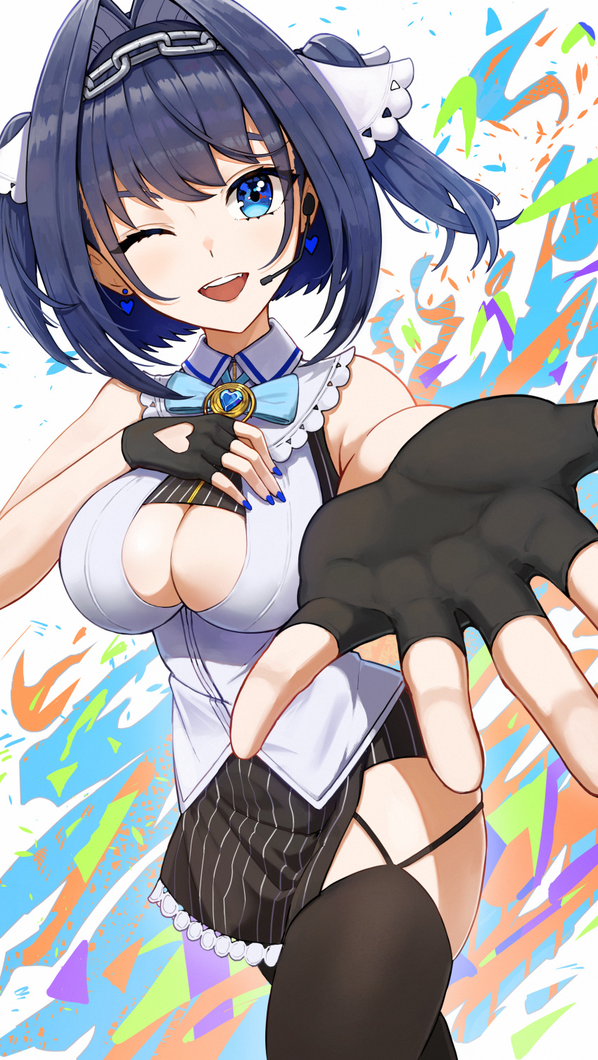 1girl absurdres black_gloves black_hair black_legwear black_shirt black_skirt blue_hair bow breasts chain cleavage_cutout clothing_cutout colored_inner_hair cropped_shirt gloves hair_bow hair_intakes hand_on_own_chest headband heart-shaped_gem highres hololive hololive_english matmaj medium_breasts miniskirt multicolored_hair ouro_kronii partially_fingerless_gloves pinstripe_pattern pinstripe_shirt pinstripe_skirt reaching_out shirt short_hair skirt sleeveless sleeveless_shirt striped thighhighs two_side_up underboob virtual_youtuber white_bow zipper