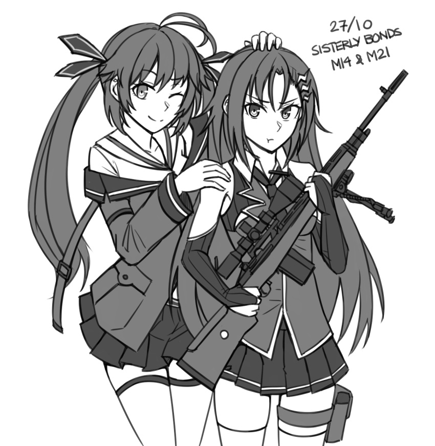 2girls :t ;) antenna_hair bangs bare_shoulders battle_rifle bridal_gauntlets closed_mouth collared_shirt eyebrows_visible_through_hair girls_frontline greyscale gun hair_between_eyes hair_ornament hair_ribbon hand_on_another's_head hand_on_another's_shoulder highres holding holding_gun holding_weapon jacket lightning_bolt lightning_bolt_hair_ornament long_hair long_sleeves m14 m14_(girls_frontline) m21_(girls_frontline) monochrome multiple_girls ndtwofives object_namesake one_eye_closed pleated_skirt pout ribbon rifle shirt simple_background skirt sleeveless sleeveless_shirt smile thighhighs twintails very_long_hair weapon white_background