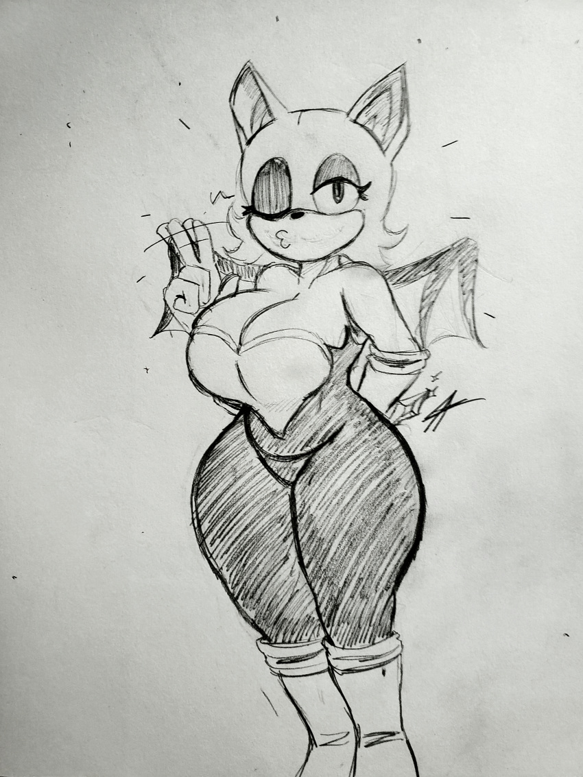 absurd_res big_breasts breasts cleavage clothed clothing female fur gaz3_(artist) handwear hi_res makeup membrane_(anatomy) membranous_wings rouge_the_bat simple_background sonic_the_hedgehog_(series) thick_thighs traditional_media_(artwork) wide_hips wings