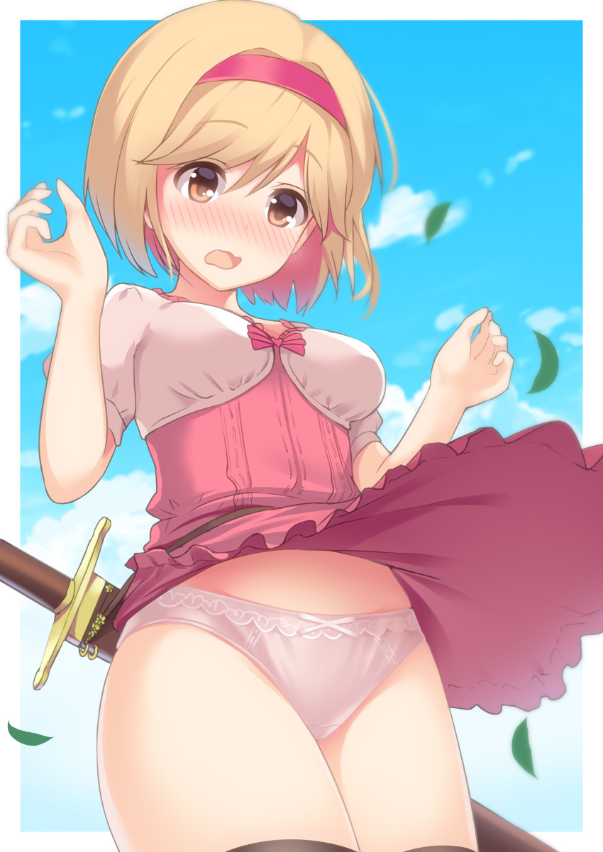 1girl absurdres blonde_hair blue_sky blush cloud cloudy_sky commentary_request day djeeta_(granblue_fantasy) dress dress_lift embarrassed granblue_fantasy hairband hands_up highres leaf looking_at_viewer mocchi outdoors panties pantyshot pantyshot_(standing) puffy_short_sleeves puffy_sleeves red_hairband short_hair short_sleeves sky solo standing surprised sword thighs underwear weapon white_panties wind wind_lift yellow_eyes